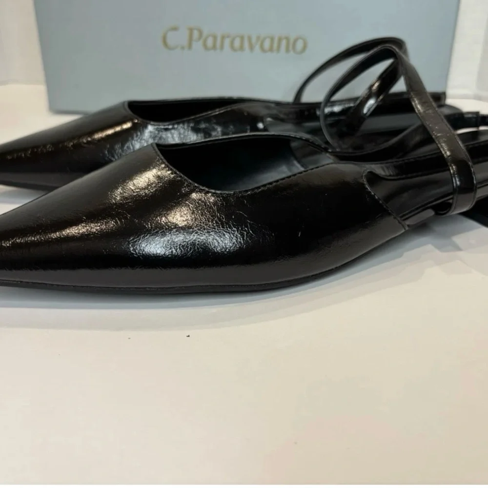 C. Paravano Freya Pointed Toe Slingback Flat Ankle Strap Patent Black 41 US 10.5